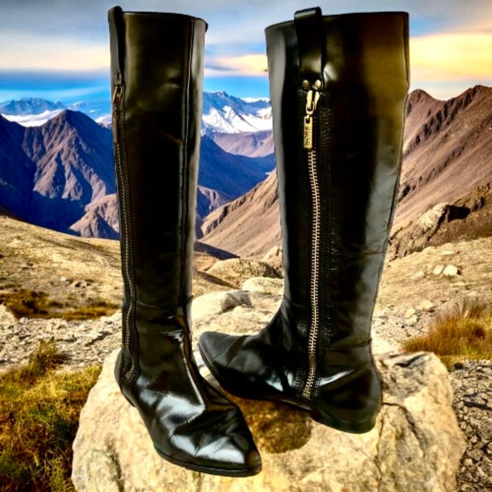 Michael Kors Black Leather Tall Riding Boots Flat Exposed Brass Zipper
